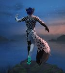  4_toes anthro bare_back blue_hair dannyckoo detailed_background digitigrade feline grass hair leopard male mammal night nude pawpads sky snow_leopard solo star starry_sky toes tribal water 