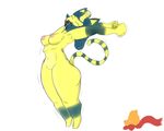  2017 animal_crossing ankha anthro blue_hair boltquazar breasts butt cat clothing digital_media_(artwork) egyptian feline female fur hair mammal multicolored_fur multicolored_tail nintendo nipples nude open_mounth ornament pinup pose pussy simple_background solo striped_fur striped_tail stripes video_games yellow_fur 