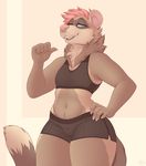  2017 ambiguous_gender anthro athletic bearra blue_eyes breasts clothed clothing colored_nails facial_piercing female ferret hair mammal mustelid nose_piercing piercing pink_hair septum_piercing simple_background small_breasts solo thick_thighs 