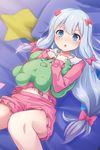  :o bed blue_eyes blush bow eromanga_sensei highres hug izumi_sagiri knees_together_feet_apart legs long_hair lying midriff navel on_back open_mouth pajamas ribbon samoore shirt shorts silver_hair solo stuffed_toy tears v-shaped_eyebrows very_long_hair 