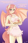  2017 anthro apron armpits bat_pony bat_wings blush breasts cleavage clothed clothing equine fan_character female food hair looking_at_viewer mammal membranous_wings my_little_pony naomiknight17 naomis-naughty-nook nipple_bulge peach_blossom_(oc) pie pink_hair solo wings 