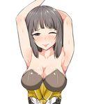  1girl armor armpits arms_up artist_request bangs black_hair blush breasts cleavage erika_(shadowverse) female large_breasts one_eye_closed purple_eyes shadowverse sleeveless solo sweat 