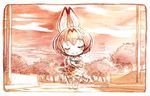  animal_ears animal_print bare_shoulders bow bowtie commentary_request cross-laced_clothes elbow_gloves eyebrows_visible_through_hair gloves graphite_(medium) high-waist_skirt kemono_friends monochrome paper_airplane red sakino_shingetsu serval_(kemono_friends) serval_ears serval_print serval_tail shirt shoes short_hair sketch skirt sleeveless sleeveless_shirt smile solo tail thighhighs traditional_media 