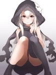  assassin_(fate/zero) assassin_(fate/zero)_(cosplay) bandages black_legwear blush closed_mouth cosplay fate/kaleid_liner_prisma_illya fate_(series) hechi_(hechi322) hood illyasviel_von_einzbern long_hair looking_at_viewer orange_eyes short_jumpsuit single_thighhigh sitting solo thighhighs white_hair 