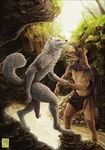  anthro arctic_fox canine cave clothing crytrauv duo fox fur grass loincloth male mammal mersheeple outside p-sebae species_wolf sunlight tree water 