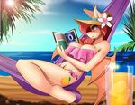  2017 anthro bat_pony bat_wings beach beverage bikini book breasts chacrawarrior cleavage clothed clothing equine fan_character female glass hammock hat mammal membranous_wings my_little_pony palm_tree peach_blossom_(oc) red_eyes sand sea seaside slit_pupils solo sun swimsuit tree water wings 