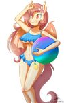  2017 amber_eyes anthro armpits ball bat_pony bat_wings beach_ball bikini blush breasts clothing cutie_mark equine fangs female mammal membranous_wings my_little_pony peach_blossom_(oc) slit_pupils solo swimsuit the-butcher-x under_boob wings 