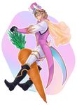  absurdres ahokassan alternate_costume animal_ears artist_name back blonde_hair blush boots bunny_ears bunny_tail capelet carrot fire_emblem fire_emblem_heroes fire_emblem_if flower full_body gloves hat highres male_focus marks_(fire_emblem_if) one_eye_closed red_eyes simple_background solo tail tiara white_background 