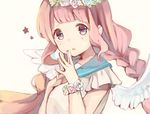  angel_wings blush bracelet eyebrows_visible_through_hair flower flower_bracelet flower_wreath hair_flower hair_ornament head_wreath highres jewelry long_hair looking_at_viewer open_mouth original pink_eyes pink_hair sencha_(senta_10) solo wings 