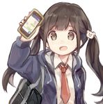  bag bear_hair_ornament blue_hoodie brown_eyes brown_hair cellphone eyebrows_visible_through_hair hair_ornament holding holding_phone hood hoodie long_hair looking_at_viewer necktie original phone red_neckwear school_bag school_uniform sencha_(senta_10) smartphone smartphone_case solo twintails 