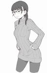  braid cowboy_shot glasses greyscale hands_on_hips ina_(gokihoihoi) jitome long_sleeves monochrome original pantyhose ribbed_sweater simple_background sweater turtleneck turtleneck_sweater twin_braids white_background 