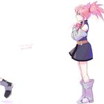  1boy 1girl bare_shoulders belt blue_eyes boots dress elbow_gloves fingerless_gloves genius_sage gloves hair_ornament long_hair pink_hair presea_combatir present shoes tales_of_(series) tales_of_symphonia twintails 