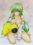  breasts c.c. cheese-kun chirol cleavage code_geass collarbone green_hair highres long_hair marker_(medium) medium_breasts off_shoulder one_eye_closed open_clothes open_shirt shirt solo thighs traditional_media wiping_eyes yellow_eyes 