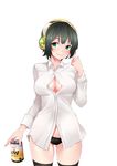  absurdres alternate_costume black_hair black_legwear black_panties blonde_hair blush breasts cleavage cleavage_cutout closed_mouth eyebrows_visible_through_hair green_eyes headphones highres holding kaito_hikaruto kyomachi_seika large_breasts long_sleeves looking_at_viewer panties short_hair simple_background smile solo standing thighhighs underwear voiceroid white_background 