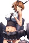  arm_behind_back black_skirt breasts brown_hair covered_nipples eyebrows_visible_through_hair finger_to_mouth green_eyes hair_between_eyes headgear kantai_collection large_breasts matsunaga_garana miniskirt mutsu_(kantai_collection) navel parted_lips pleated_skirt rigging short_hair simple_background skirt smokestack solo standing striped striped_skirt turret white_background 