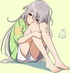  ahoge artist_name bare_legs barefoot blush body_blush border fingernails full_body green_background green_shirt grey_hair hair_between_eyes hoshi_shouko idolmaster idolmaster_cinderella_girls knees_to_chest knees_up leg_hug legs_together long_hair lowres multicolored_shirt purple_eyes rod_(rod4817) sad shadow shiny shiny_hair shirt short_sleeves shorts signature simple_background sitting solo tareme toenails toes very_long_hair wavy_mouth white_shorts yellow_border yellow_shirt 