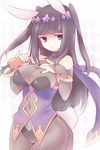  animal_ears bangs black_hair bodysuit bracelet breasts bridal_gauntlets bunny_ears bunny_tail bunnysuit cape carrot cleavage fire_emblem fire_emblem:_kakusei fire_emblem_heroes jewelry large_breasts long_hair looking_at_viewer pantyhose purple_eyes smile solo tail teu_(navy) tharja tiara two_side_up 