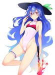  bespectacled blue_hair garter_belt glasses gradient_hair hat highleg highleg_swimsuit highres hinanawi_tenshi kurokuro long_hair looking_at_viewer multicolored_hair one-piece_swimsuit pink_swimsuit red_eyes simple_background solo swimsuit sword touhou turtleneck weapon white_background 