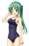  ;d ass_visible_through_thighs blue_swimsuit breasts collarbone competition_school_swimsuit covered_navel cowboy_shot eyebrows_visible_through_hair green_eyes green_hair hand_in_hair higurashi_no_naku_koro_ni kurosaki long_hair medium_breasts one-piece_swimsuit one_eye_closed open_mouth ponytail school_swimsuit shiny shiny_skin sideboob smile sonozaki_mion standing swimsuit transparent_background 
