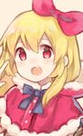  black_bow black_ribbon blonde_hair blush bow eyebrows_visible_through_hair hair_bow highres long_hair looking_at_viewer open_mouth original red_bow red_eyes ribbon santa_costume sencha_(senta_10) smile solo 