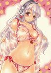  absurdres blush breasts cherry cherry_print cleavage commentary_request food food_print fruit hair_ornament headphones highres large_breasts long_hair looking_at_viewer marker_(medium) navel nipples nitroplus open_mouth panties pink_eyes pink_hair pussy see-through solo super_sonico traditional_media underwear yurun 