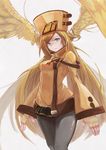  angel angel_wings blue_eyes brown_hair fingerless_gloves gloves guilty_gear guilty_gear_xrd highres lard_(kumazakiyuta) long_hair looking_at_viewer millia_rage pantyhose solo white_background wings 