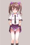  black_legwear brown_background brown_hair checkered checkered_skirt collared_shirt hat himekaidou_hatate lifted_by_self looking_away miniskirt nibi panties pointy_ears puffy_short_sleeves puffy_sleeves purple_eyes shirt short_sleeves simple_background skirt skirt_lift socks solo standing thighs tokin_hat touhou twintails underwear white_panties white_shirt wing_collar 