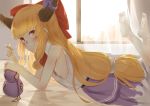  1girl bangs bare_shoulders barefoot blonde_hair blush breasts commentary_request curtains feet gourd hair_twirling horn_ribbon horns ibuki_suika indoors legs_up long_hair looking_at_viewer low_ponytail lying nipples nishiuri on_bed on_stomach pointy_ears purple_skirt ribbon shirt sidelocks skirt sleeveless sleeveless_shirt slit_pupils small_breasts smile solo touhou very_long_hair white_shirt window yellow_eyes 