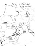  ! 2017 anthro bear bed black_and_white cervine comic cuddling deer dialogue disney dotkwa dotkwa_(character) duo english_text fan_character male mammal monochrome on_bed simple_background sweat sweatdrop text under_covers white_background zootopia 