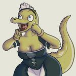  blue_eyes breasts cleavage clothed clothing crisis-omega excited female lizard maid_uniform reptile scalie shortstack simple_background solo teeth tongue uniform wide_hips 