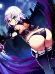  ass bandages bare_shoulders belt black_legwear black_panties butt_crack commentary_request dagger dual_wielding dutch_angle fate/apocrypha fate/grand_order fate_(series) from_behind full_moon gloves green_eyes highres holding jack_the_ripper_(fate/apocrypha) looking_at_viewer looking_back moon nirai_kanai open_mouth panties reverse_grip scar short_hair silver_hair solo tattoo thighhighs underwear weapon 