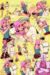  artist_name belt black_eyes black_hair blush bubble cellphone closed_eyes couple crying dixie_cup_hat flower_skirt frown hair_bobbles hair_ornament hat heart higashikata_jousuke_(jojolion) highres hirose_yasuho hug hug_from_behind index_finger_raised jojo_no_kimyou_na_bouken jojolion leg_hug lips lying marion-ville military_hat navel on_back open_mouth paisley_park_(stand) partially_translated phone pink_hair quad_tails running sailor shoes shorts sitting skirt smartphone smile sneakers soft_&amp;_wet stand_(jojo) star sweat sweatdrop tears translation_request whispering yokozuwari 