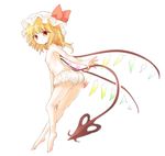  ass bare_legs barefoot blonde_hair bloomers breasts flandre_scarlet full_body hat hat_ribbon highres laevatein_(tail) looking_at_viewer mob_cap nibi pointy_ears red_eyes red_ribbon ribbon simple_background small_breasts solo tail topless touhou underwear underwear_only white_background white_bloomers wings 