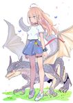  ahoge bangs blonde_hair blue_eyes blue_skirt bug butterfly collar dragon full_body grass high-waist_skirt highres insect long_hair looking_to_the_side original shirt shoes short_sleeves skirt sneakers solo standing tajima_ryuushi thigh_strap watch white_shirt wristwatch wyvern 