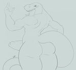  anthro big_penis butt dinosaur erection humanoid_penis jaysee male monochrome muscular nude penis solo standing thick_thighs tongue tongue_out uncut vein 