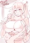  1girl 2016 akeome areolae assisted_exposure blush breasts candy_apple character_request chinese_zodiac covered_nipples fang food fur_collar goban hair_ornament hair_stick happy_new_year huge_breasts japanese_clothes kimono kinchaku large_areolae monkey monochrome new_year obi open_mouth pouch puffy_nipples sash side_ponytail string_bikini year_of_the_monkey 