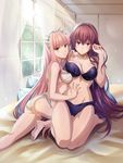  ass ass_visible_through_thighs bangs barefoot blunt_bangs bra breasts cleavage commentary_request error fate/grand_order fate_(series) frilled_panties frills hand_on_another's_shoulder hand_on_another's_stomach highres large_breasts long_hair looking_at_viewer medb_(fate)_(all) medb_(fate/grand_order) multiple_girls navel on_bed open_mouth panties pink_hair purple_bra purple_hair purple_panties red_eyes scathach_(fate)_(all) scathach_(fate/grand_order) shimo_(s_kaminaka) tiara underwear underwear_only white_bra white_panties wrong_feet yellow_eyes yuri 