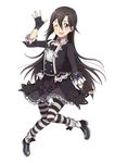  ;d androgynous black_gloves black_hair black_skirt crossdressing fingerless_gloves full_body gloves hair_between_eyes kirito kirito_(sao-ggo) long_hair male_focus official_art one_eye_closed open_mouth otoko_no_ko purple_eyes simple_background skirt smile solo striped striped_legwear sword_art_online sword_art_online:_code_register thighhighs very_long_hair white_background 