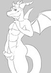  anthro balls dragon erection humanoid_penis jaysee looking_at_viewer male monochrome nude penis smile solo spyro spyro_the_dragon standing video_games wings 