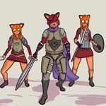  anthro armor canine cape clothing costume crisis-omega eye_patch eyewear fox hood human mammal medieval melee_weapon orange_eyes shield simple_background sword weapon 