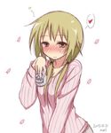  artist_name beer_can blonde_hair blush can casual cherry_blossoms dated drunk heart ichii_yui long_hair long_sleeves looking_at_viewer mel_(melty_pot) petals pink_sweater ribbed_sweater signature sketch smile solo speech_bubble spoken_heart sweater yellow_eyes yuyushiki 