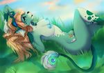  5_fingers anthro black_nose breasts day female fur grass green_fur hybrid lycangel lying nipples nude outside solo 