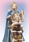  :3 :d =_= armor barbariank bell blush breasts brown_hair cape closed_eyes commentary daetta_(granblue_fantasy) draph fur-trimmed_gloves fur_trim gauntlets gloves granblue_fantasy greaves hair_bell hair_ornament heart height_difference highres horns katalina_aryze large_breasts long_hair multiple_girls open_mouth pauldrons petting pointy_ears revision smile underbust 