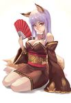  animal_ears arm_at_side arm_support bangs bare_shoulders barefoot breasts cleavage closed_mouth collarbone detached_sleeves dress fan folding_fan fox_ears fox_girl fox_tail hand_up highres holding holding_fan japanese_clothes kimono lard_(kumazakiyuta) large_breasts lavender_hair long_hair long_sleeves looking_at_viewer mole mole_on_breast mole_under_eye necktie obi original red_eyes sash short_kimono sitting sleeves_past_wrists slit_pupils solo strapless strapless_dress tail wide_sleeves yokozuwari 