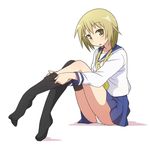  black_legwear blonde_hair blue_skirt blush eyebrows_visible_through_hair ichii_yui long_hair looking_at_viewer low_twintails mel_(melty_pot) necktie open_mouth panties pleated_skirt school_uniform school_uniform_(yuyushiki) serafuku skirt solo thighhighs twintails underwear white_panties yellow_eyes yellow_neckwear yuyushiki 