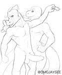  anthro balls dinosaur duo erection humanoid_penis jaysee lizard looking_at_viewer male monochrome muscular penis reptile scalie sketch smile uncut 