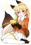  animal_ears black_gloves blonde_hair blush bow bowtie extra_ears ezo_red_fox_(kemono_friends) fox_ears fox_tail gloves hair_between_eyes handheld_game_console ichihaya jacket kemono_friends loafers long_hair long_sleeves looking_at_viewer multicolored_hair necktie nintendo_ds open_mouth pantyhose playing_games pleated_skirt shoes simple_background sitting skirt solo tail wariza white_background yellow_eyes 