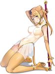  animal_ears bangle bracelet breasts brown_eyes circlet covered_navel covered_nipples elbow_gloves gloves golden_snub-nosed_monkey_(kemono_friends) high_ponytail highres holding holding_staff jewelry kemono_friends kneeling leotard long_hair medium_breasts monkey_ears monkey_tail multicolored_hair orange_gloves orange_hair orange_legwear ponytail simple_background skirt smile solo staff tail thighhighs tomohiro_kai white_background 