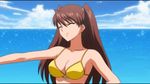  1girl 90s agent_aika aika_r-16 animated animated_gif bare_shoulders beach bikini bouncing_breasts breasts brown_hair cleavage eyes_closed long_hair medium_breasts shingai_eri smile solo swimsuit upper_body yellow_bikini 