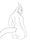  anthro butt dragon horn jaysee line_art looking_back male monochrome nude solo 